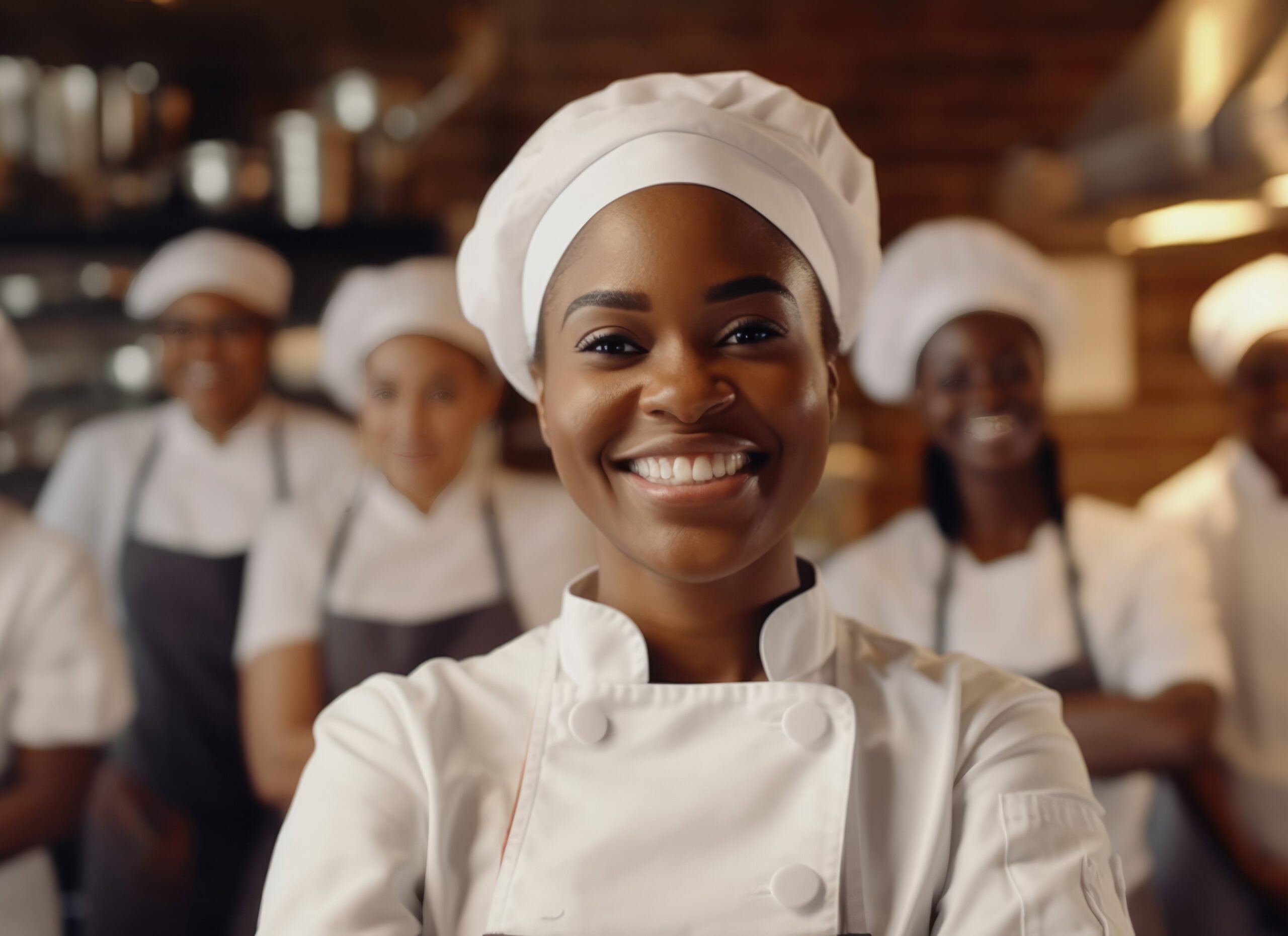 Smiling African female bakers looking at camera..Chefs baker in a chef dress and hat, cooking together in kitchen.Team of professional cooks in uniform preparing meals for a restaurant in kitchen.